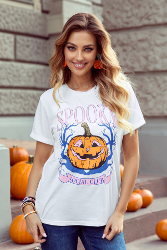 White SPOOKY Pumpkin Print Round Neck Halloween T Shirt