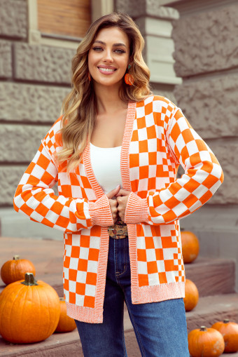 Orange Checkered Open Front Drop Shoulder Cardigan