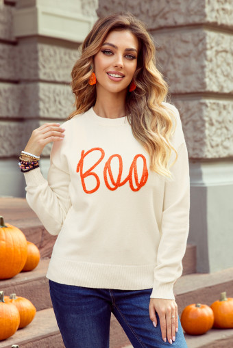 Apricot Boo Knitted Pattern Ribbed Edge Drop Shoulder Sweater