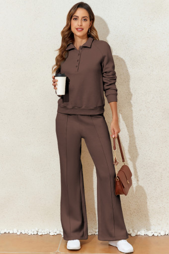 Dark Brown Solid Collared Sweatshirt and High Waist Pants Active Set