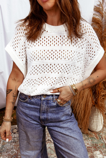 White Hollow Out Knit Round Neck Dolman Sweater