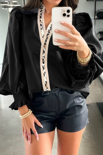Black Puffy Flounce Sleeve Leopard Trim V Neck Blouse