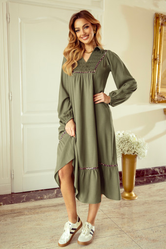 Four Leaf Clover Collared V Neck Smocked Detail Contrast Leopard Trim Bracelet Sleeve Long Dress