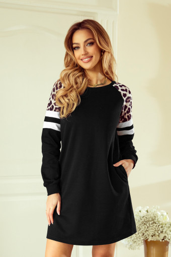 Black Leopard Print Patchwork Varsity Raglan Sleeve Sweatshirt Dress