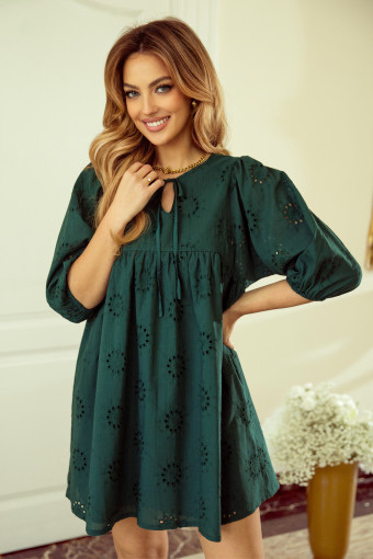 Blackish Green Embroidered Eyelet Pattern 3/4 Puffy Sleeve Swing Mini Dress