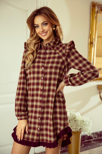 Red Plaid Print Ruffled Long Sleeve Patchwork Hem Mini Shirt Dress