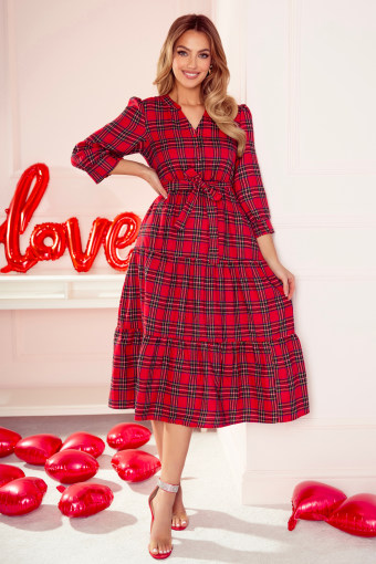 Red Christmas Plaid V Neck 3/4 Sleeve Tie Waist Ruffle Hem Long Dress