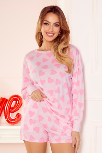 Pink Valentine Heart Shape Print Long Sleeve Top Shorts Lounge Set