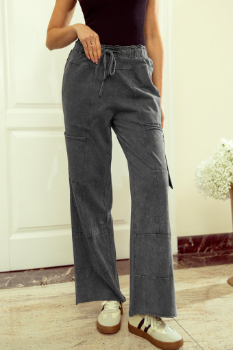 Medium Grey Mineral Wash Lace-up High Waist Raw Hem Patched Pocket Pants