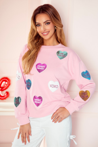 Pink Sequin Romantic Letters Heart Graphic Valentines Sweatshirt
