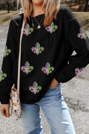 Black Corded Ribbed Sequin Fleur De Lis Graphic Pullover Sweatshirt