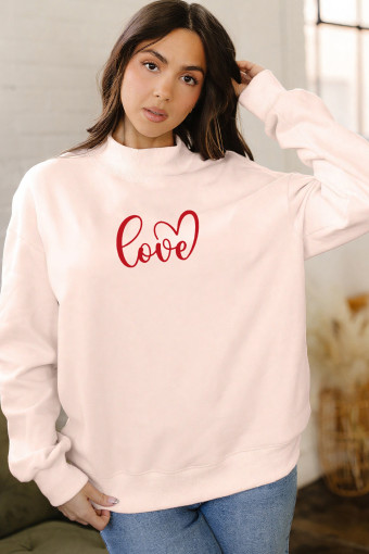 Apricot Pink Mock Neck Love Letter Embroidered Valentines Day Sweatshirt