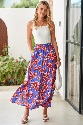 Blue Bohemian Floral Print Tiered Maxi Skirt with Split