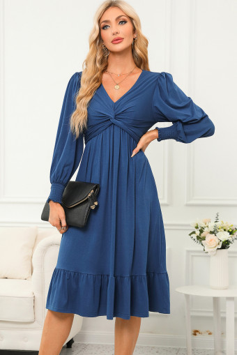 Sail Blue Solid Color Front Twist Puff Sleeve Ruffled Dress