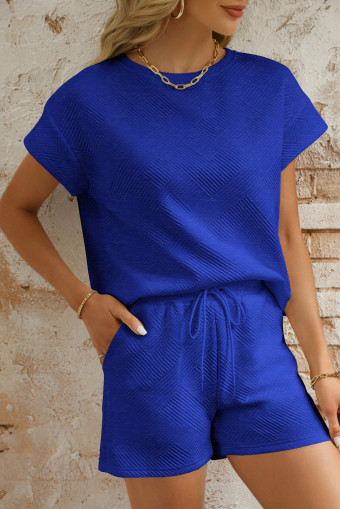 Dark Blue Textured Short Sleeve Top and Shorts Set