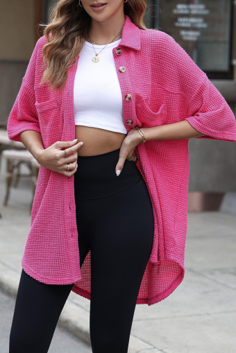 Bright Pink Waffle Textured Knit Button Down Short Sleeve Shacket