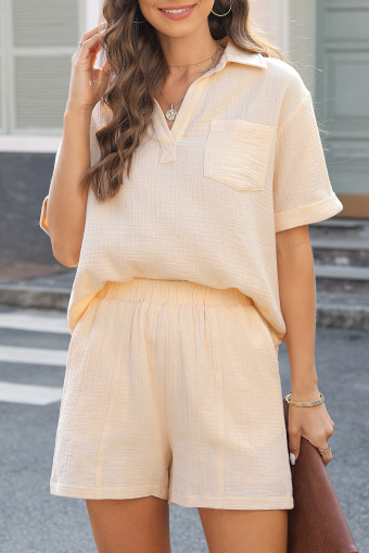 Parchment Crinkle Textured Polo Shirt and High Waist Shorts Set