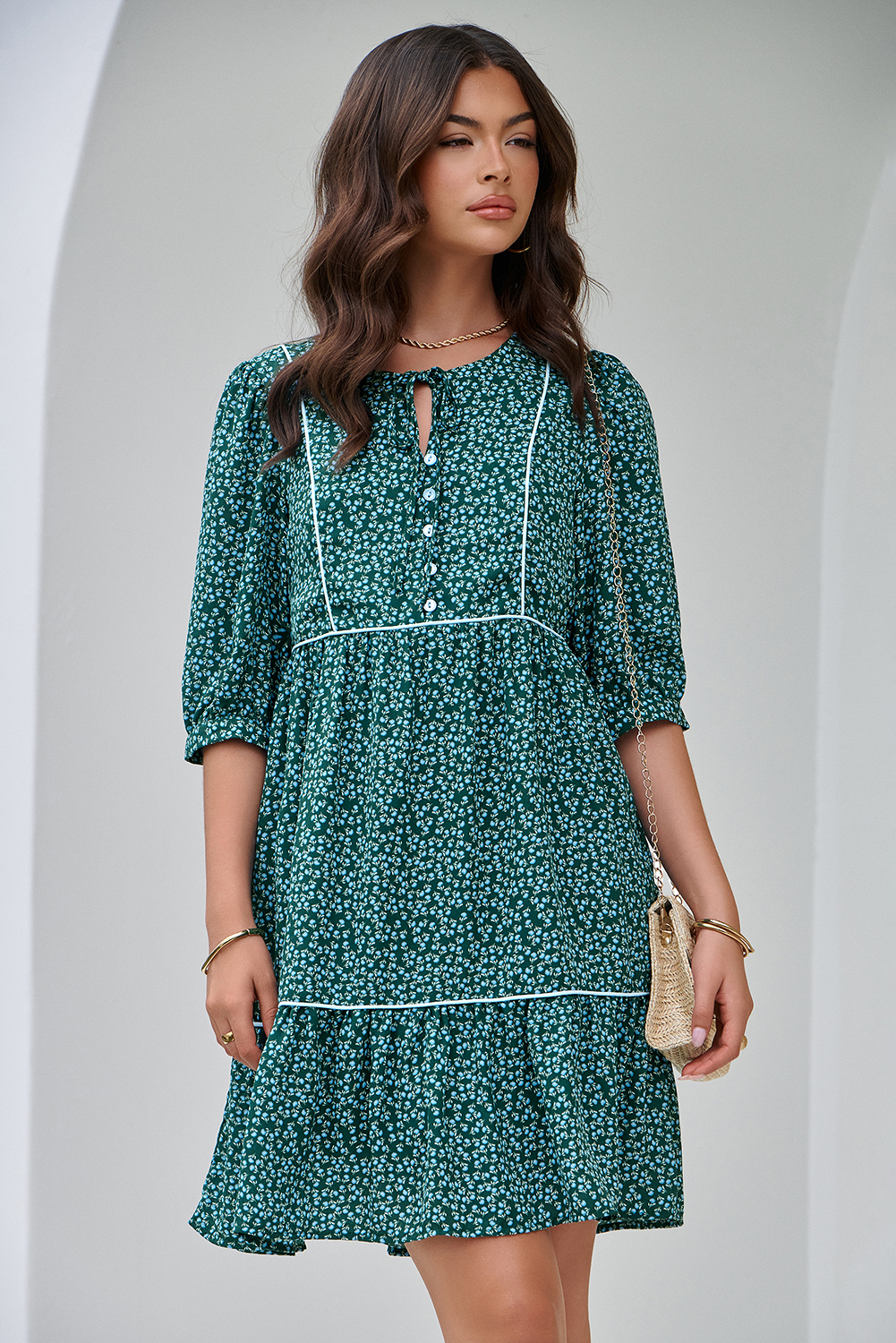 Green Floral Print Contrast Trim Button Tie Neck Swing Dress