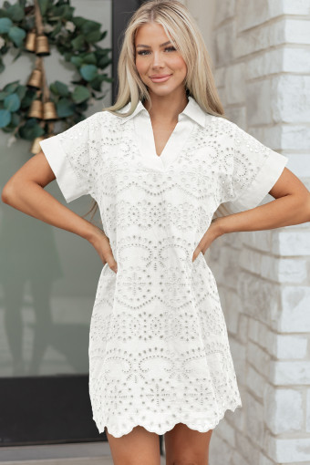 White Solid Color Eyelet Embroidered T Shirt Mini Dress