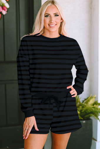 Gray Printed Stripe Long Sleeve Satin Tie Shorts Two Piece Set