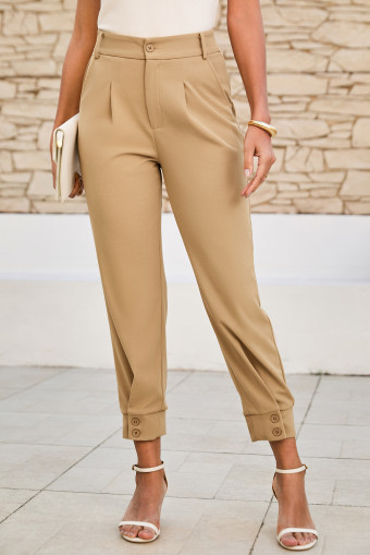 Light French Beige Textured Button High Waist Tapered Leg Work Pants