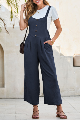Dirty blue Textured Button High Waist Pleated Loose Overalls