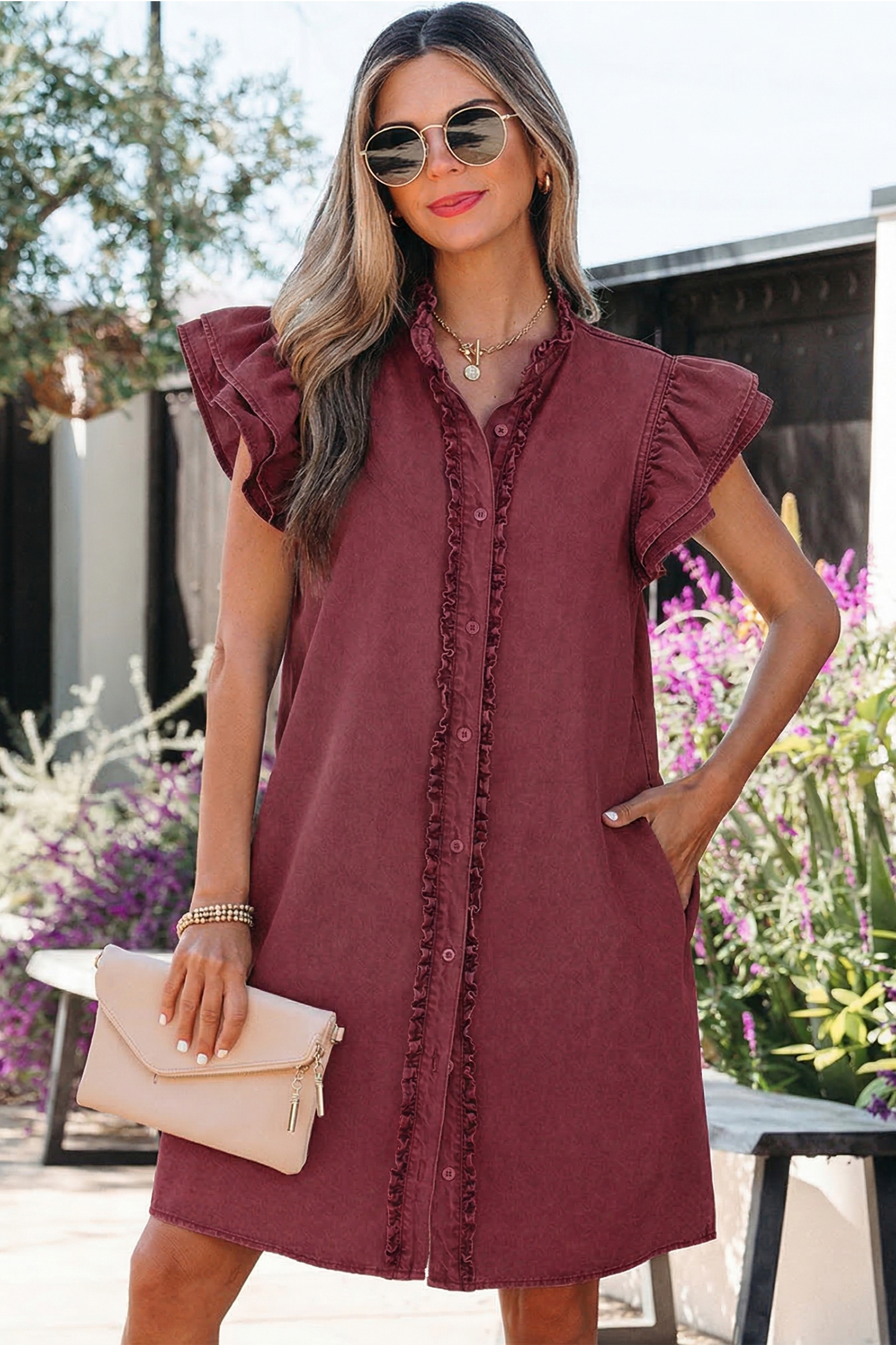 Red Sandalwood Frilled Detail Button Down Ruffle Short Sleeve Denim Mini Dress