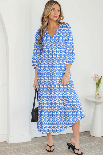 Blue Boho Printed Half Sleeve Maxi Dress