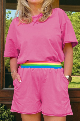 Bright Pink Seam Detail Raw Edge Tee Rainbow Waistband Casual Short Set