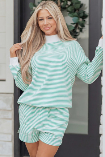 Green Stripe Oversize Mock Neck Sweatshirt and Shorts Set