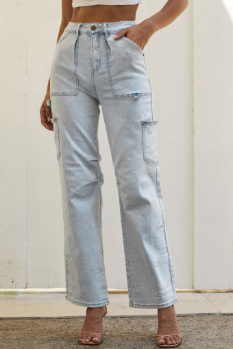 Sky Blue Multi Pocketed Y2K Street Fashion Shift Jeans