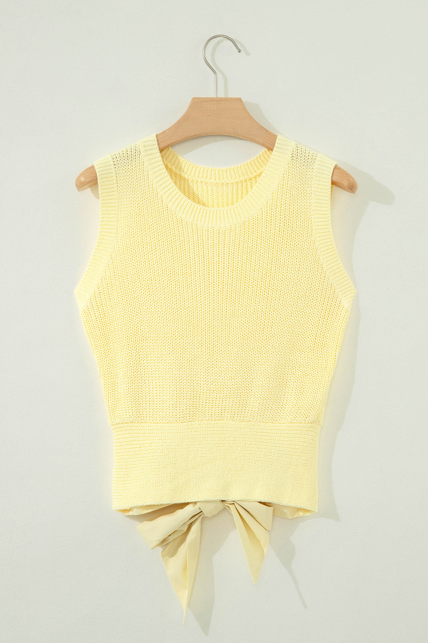 Yellow Cream Solid Color Cropped Knit Knot Back Cutout Sweater Tank