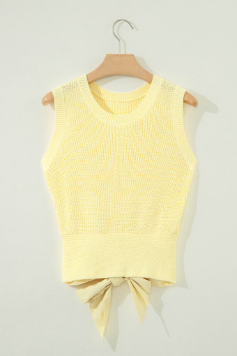 Yellow Cream Solid Color Cropped Knit Knot Back Cutout Sweater Tank