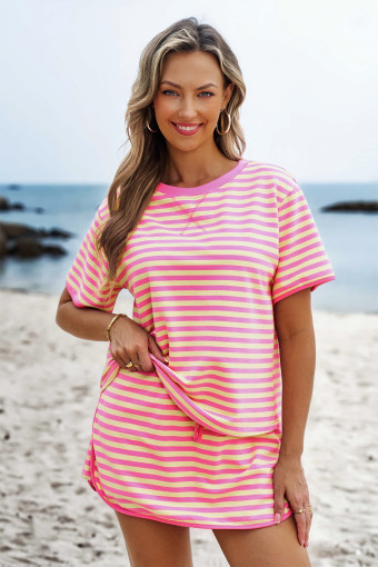 Pink Stripe Loose Short Sleeve Top and Skirt Set