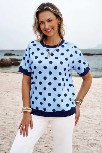 Blue Color Block Trim Polka Dot Casual Tee