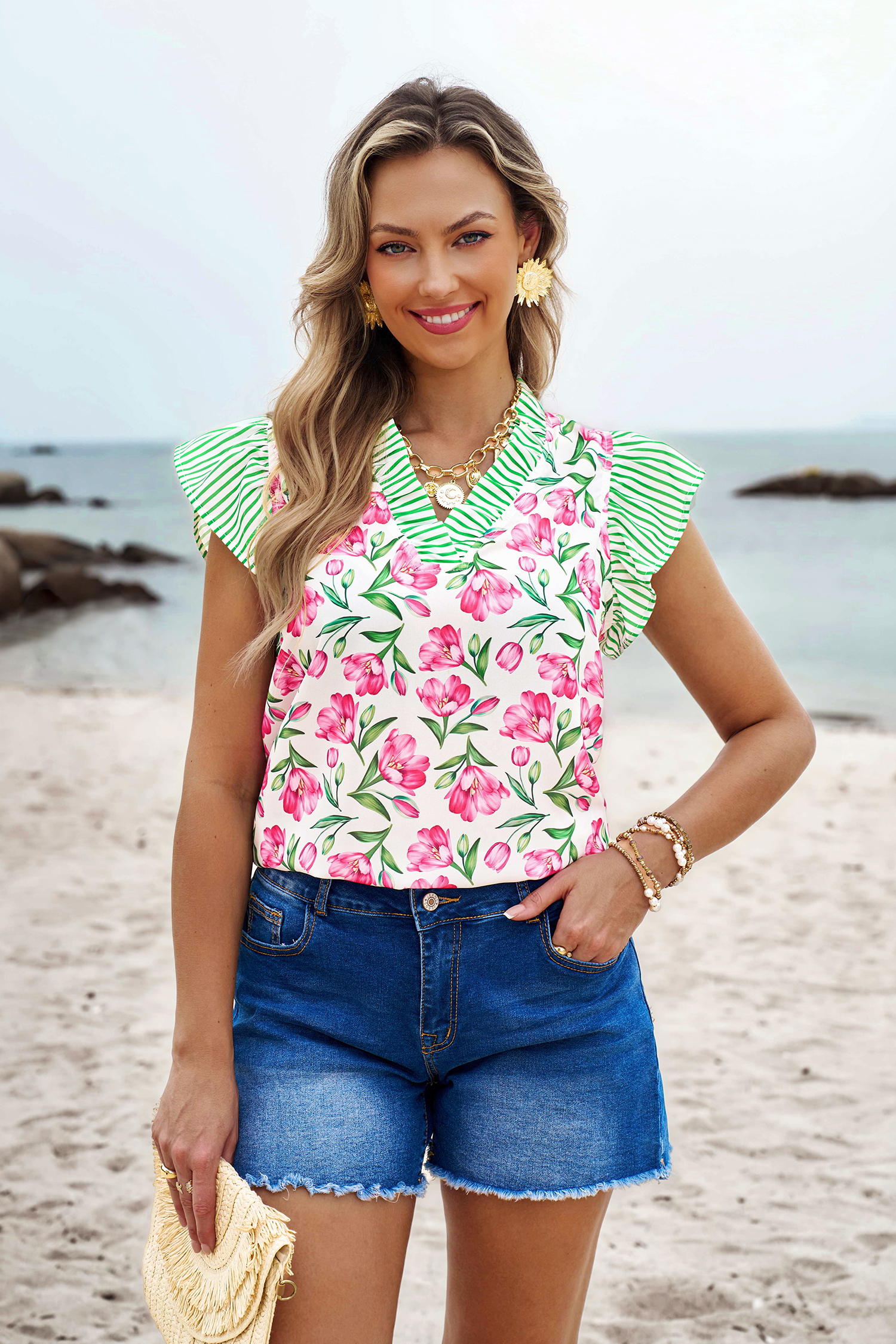 Multicolour Sweet Floral Print Striped Ruffle Trim V Neck Blouse