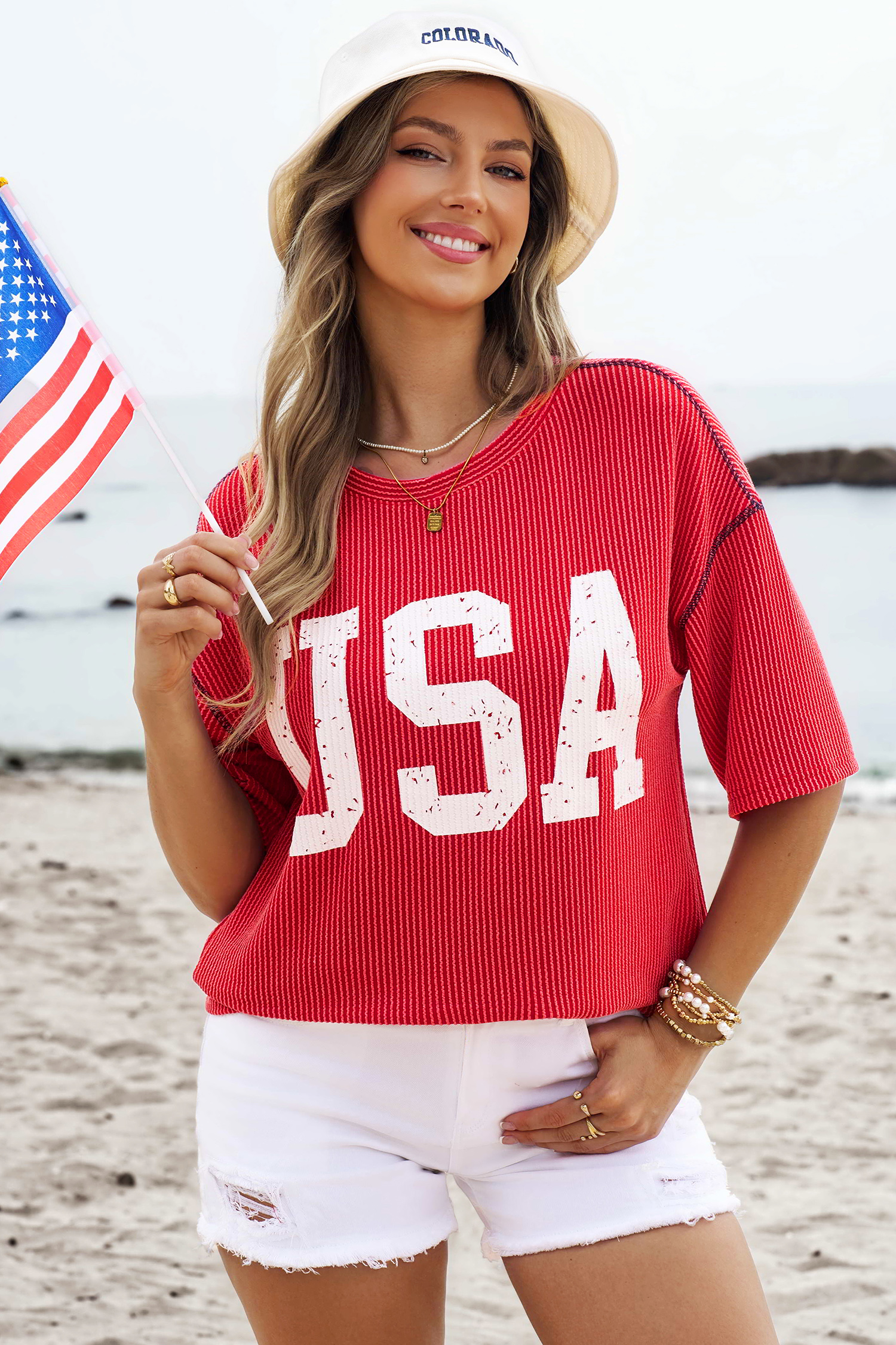 Fiery Red USA Graphic Half Sleeve Loose Ribbed Top