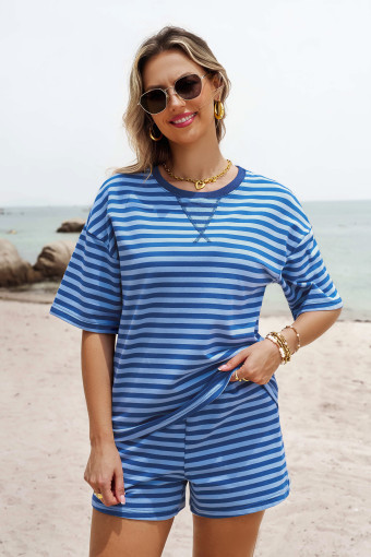 Blue Stripe Striped Ribbed Cotton Two-Piece Short Set with Chest Patch Detail