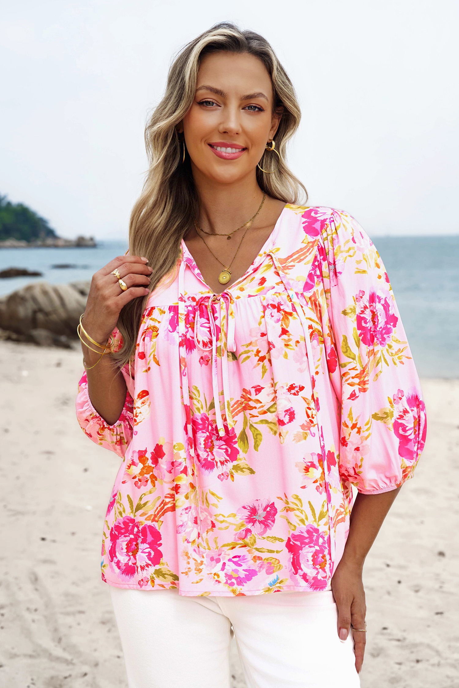 Pink Floral Print Tie Neck Puffy Half Sleeve Blouse