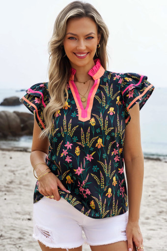 Black Floral Print Contrast Trim Tiered Ruffled Short Sleeve Blouse