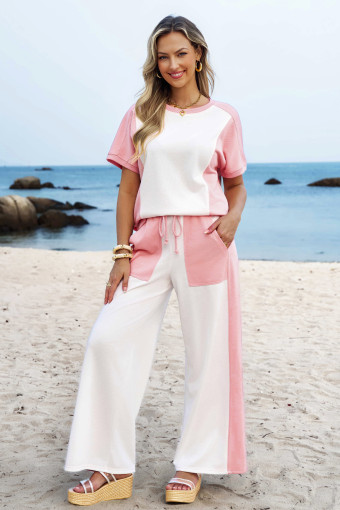 White Two-tone Color Block Patchwork Tee Drawstring Loose Pant Set