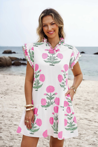 White Wild Floral Print Scalloped Embroidery Trim V Neck Drop Waist Mini Dress