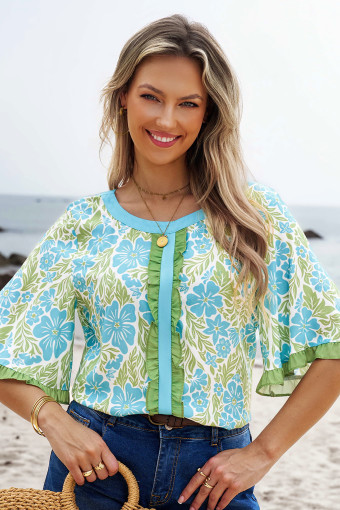 Sky Blue Floral Print Ruffled Color Block Trim Half Sleeve Blouse
