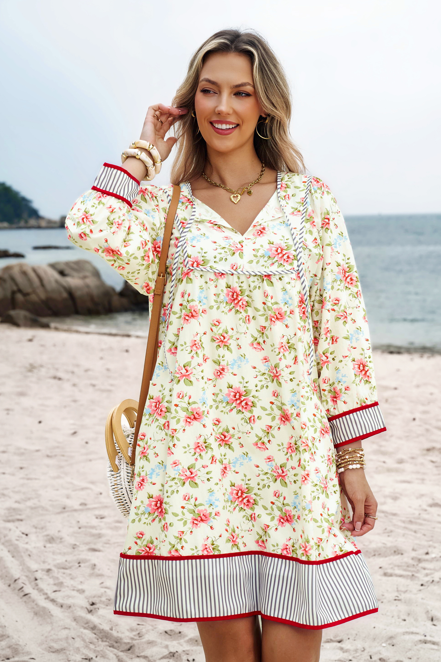 Apricot Striped Edge 3/4 Puff Sleeve Floral Dress