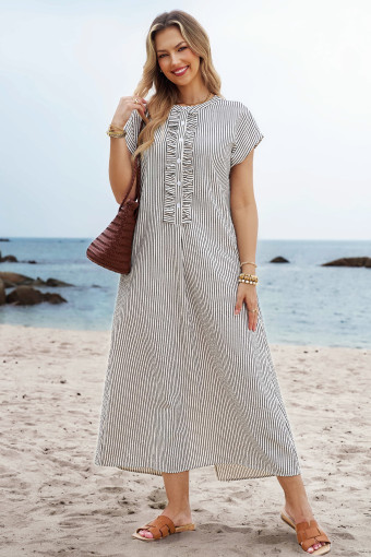 Black Stripe Frilled Detail Half Buttons Short Sleeve Long Dress