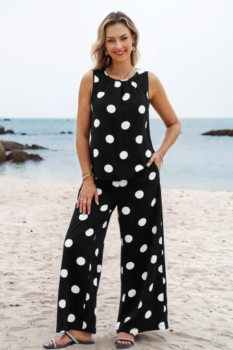 Black Polka Dot Print Pleated Round Neck Tank Casual Wide Leg Two-Piece Outfit