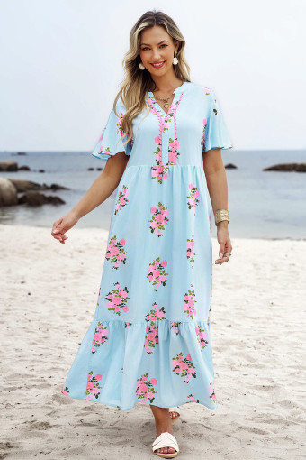 Sky Blue Notched Neck Flutter Short Sleeve Floral Print Maxi Dress