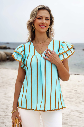 Sky Blue Stripe Ricrac Trim Double Ruffled Short Sleeve V Neck Blouse
