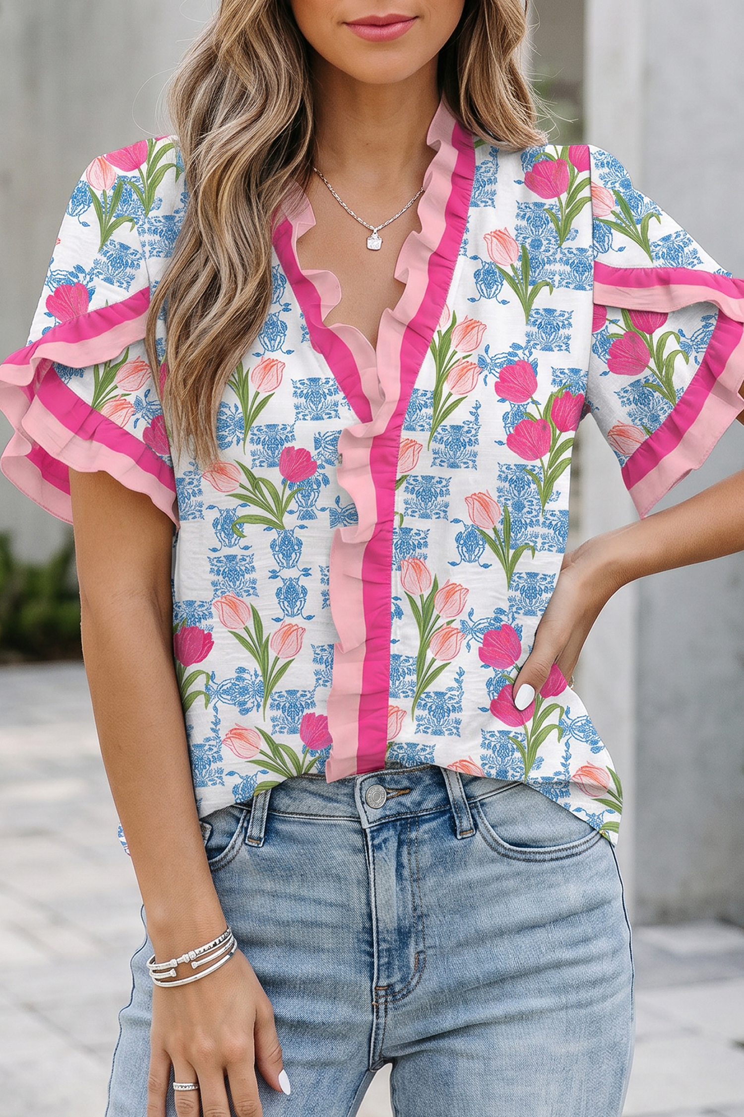 Rose Floral Print Ruffle V-Neck Short Sleeve Loose Tunic Shirt