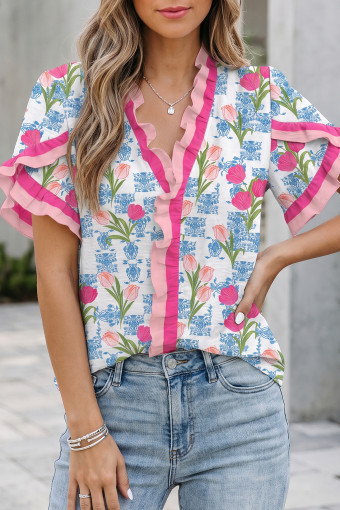 Rose Floral Print Ruffle V-Neck Short Sleeve Loose Tunic Shirt